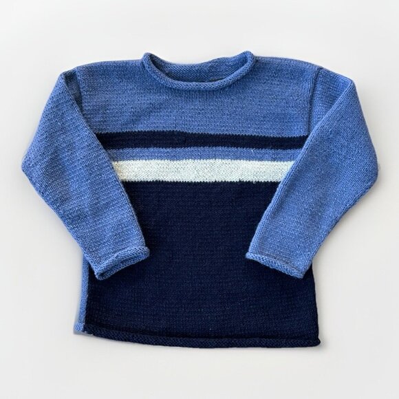 Avenue Hand Knit Wool Sweater Women's Size Med Thick Crew Neck Blue Colorblock - Picture 1 of 6